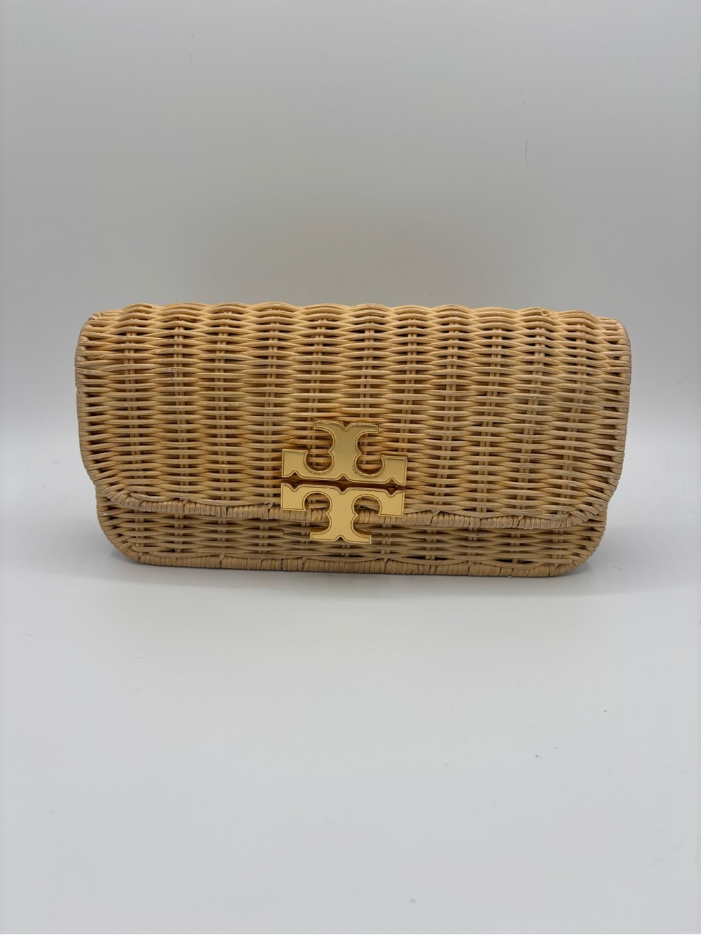 Tory Burch Woven Rattan Clutch with Gold Logo